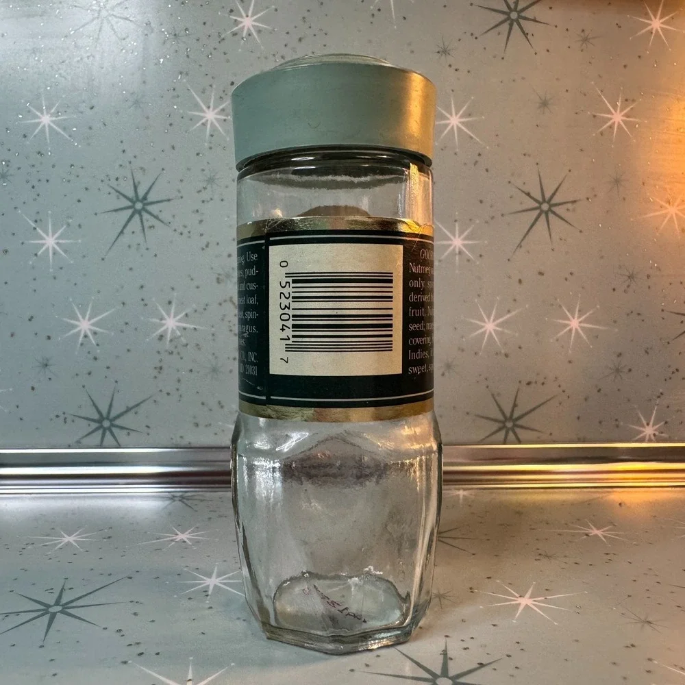 Vintage McCormick Nutmeg Jar Green Label & Lid Glass‎ Spice Bottle Retro Kitchen